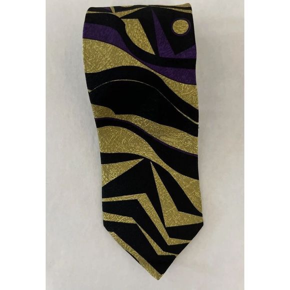 Versace V2 Abstract Black Gold Purple Gray Necktie Tie 90’s 100% Silk $140+ - Picture 8 of 10